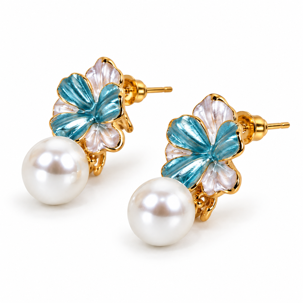 Gold-Toned Blue Floral Pearl Drop Stud Earrings for Women