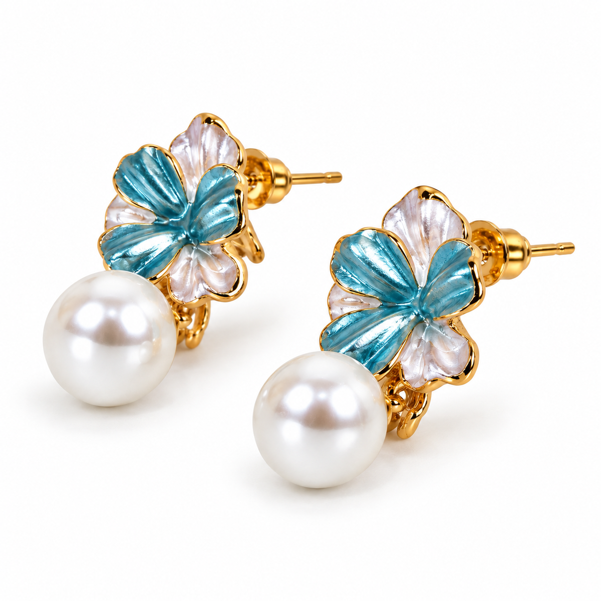 Gold-Toned Blue Floral Pearl Drop Stud Earrings for Women