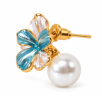 Gold-Toned Blue Floral Pearl Drop Stud Earrings for Women