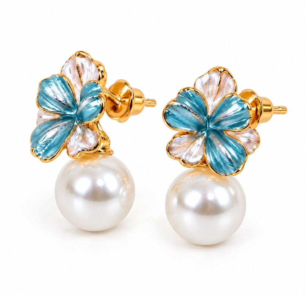 Gold-Toned Blue Floral Pearl Drop Stud Earrings for Women