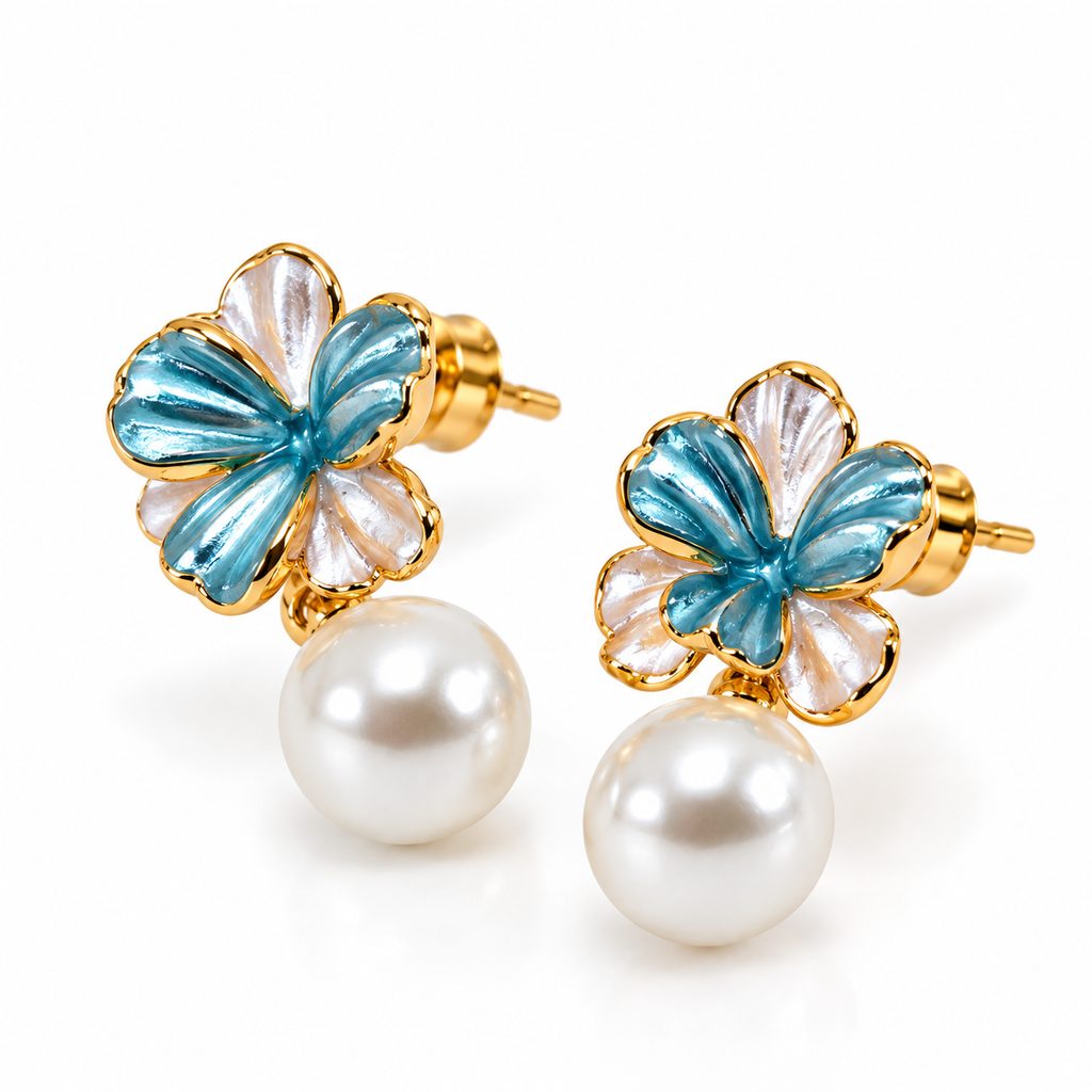 Gold-Toned Blue Floral Pearl Drop Stud Earrings for Women