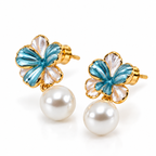Gold-Toned Blue Floral Pearl Drop Stud Earrings for Women