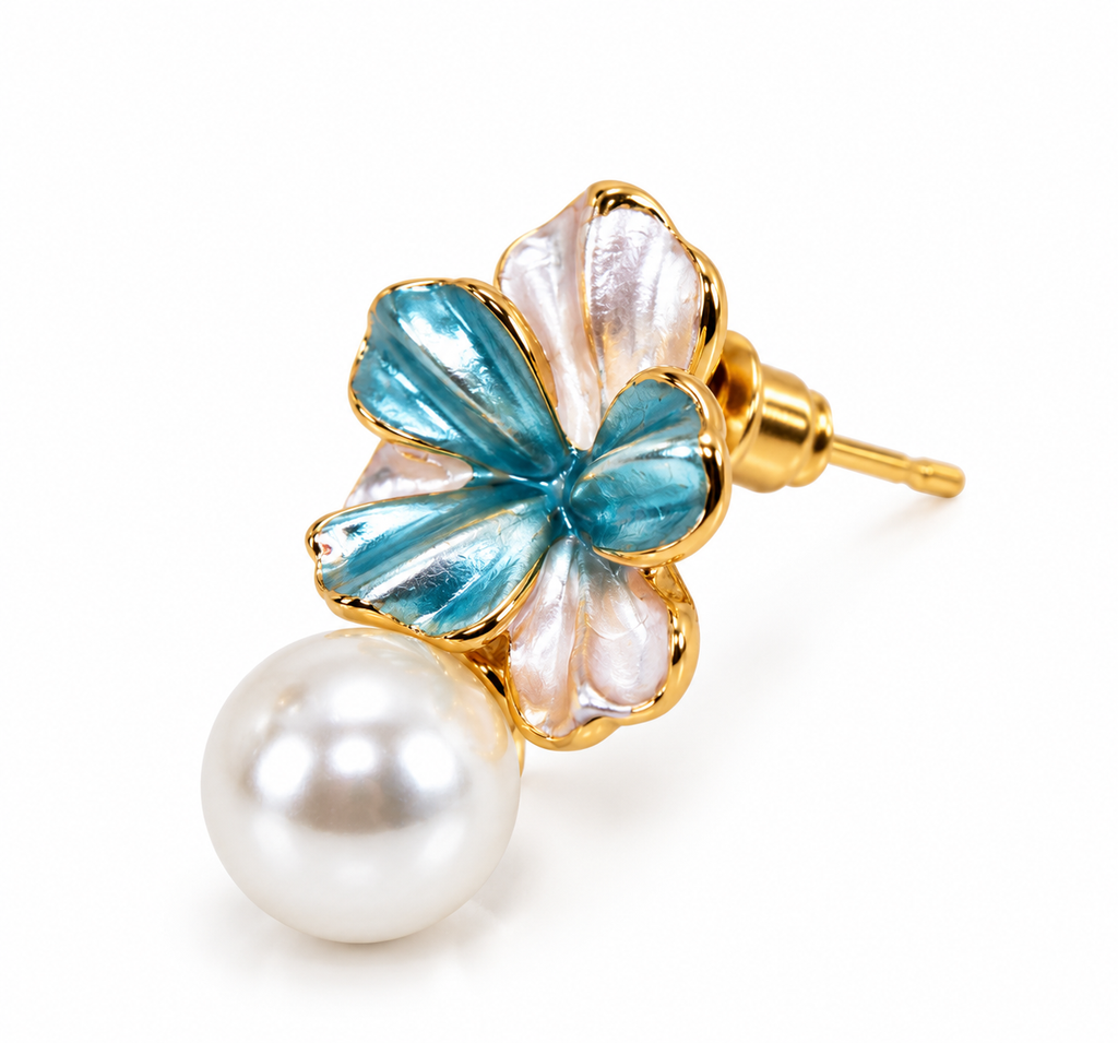 Gold-Toned Blue Floral Pearl Drop Stud Earrings for Women