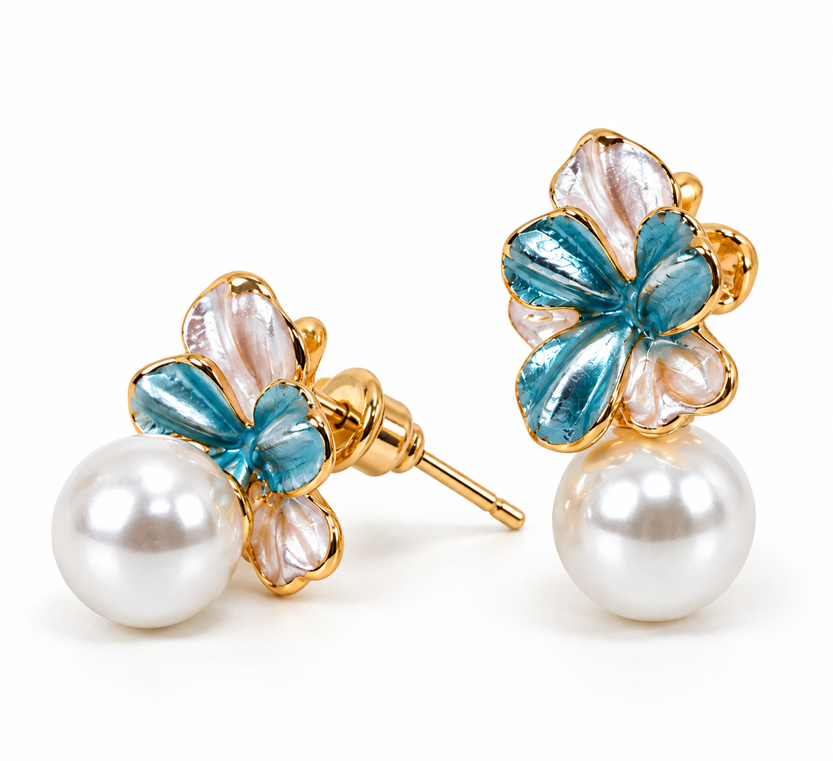Gold-Toned Blue Floral Pearl Drop Stud Earrings for Women