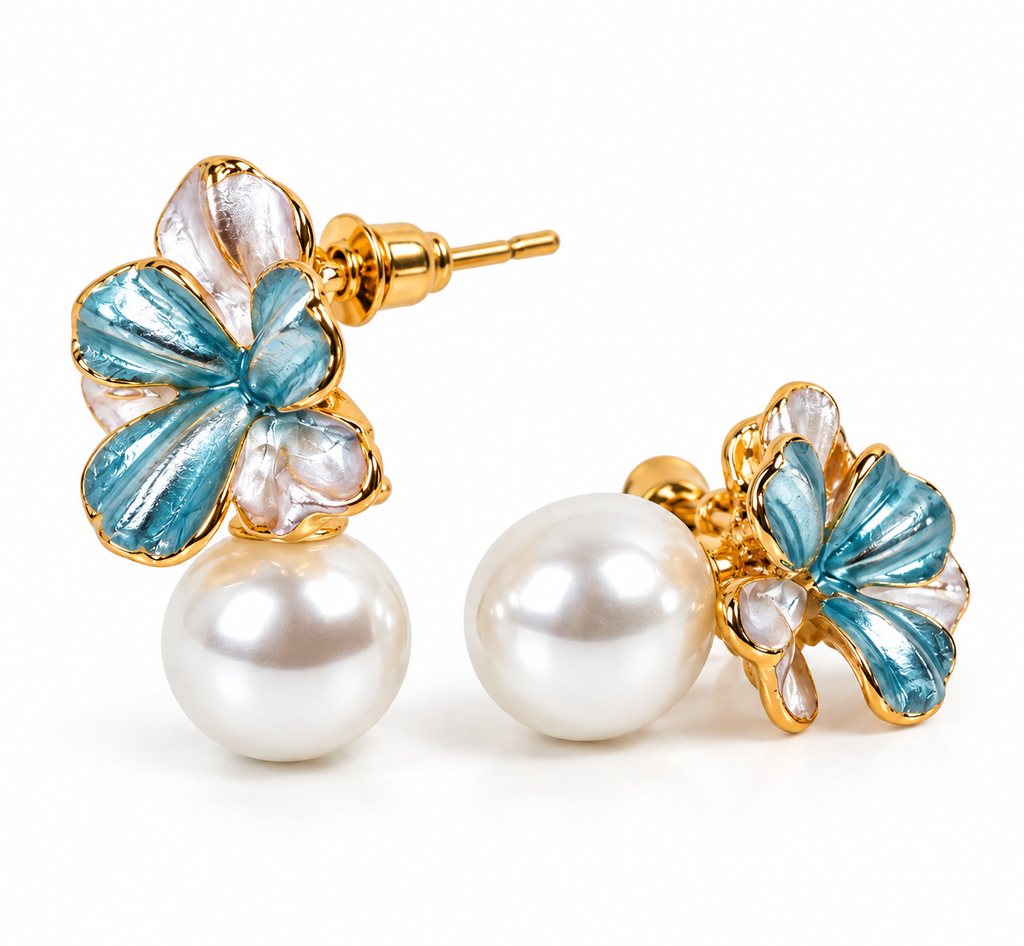 Gold-Toned Blue Floral Pearl Drop Stud Earrings for Women
