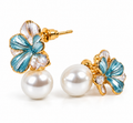 Gold-Toned Blue Floral Pearl Drop Stud Earrings for Women