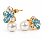 Gold-Toned Blue Floral Pearl Drop Stud Earrings for Women