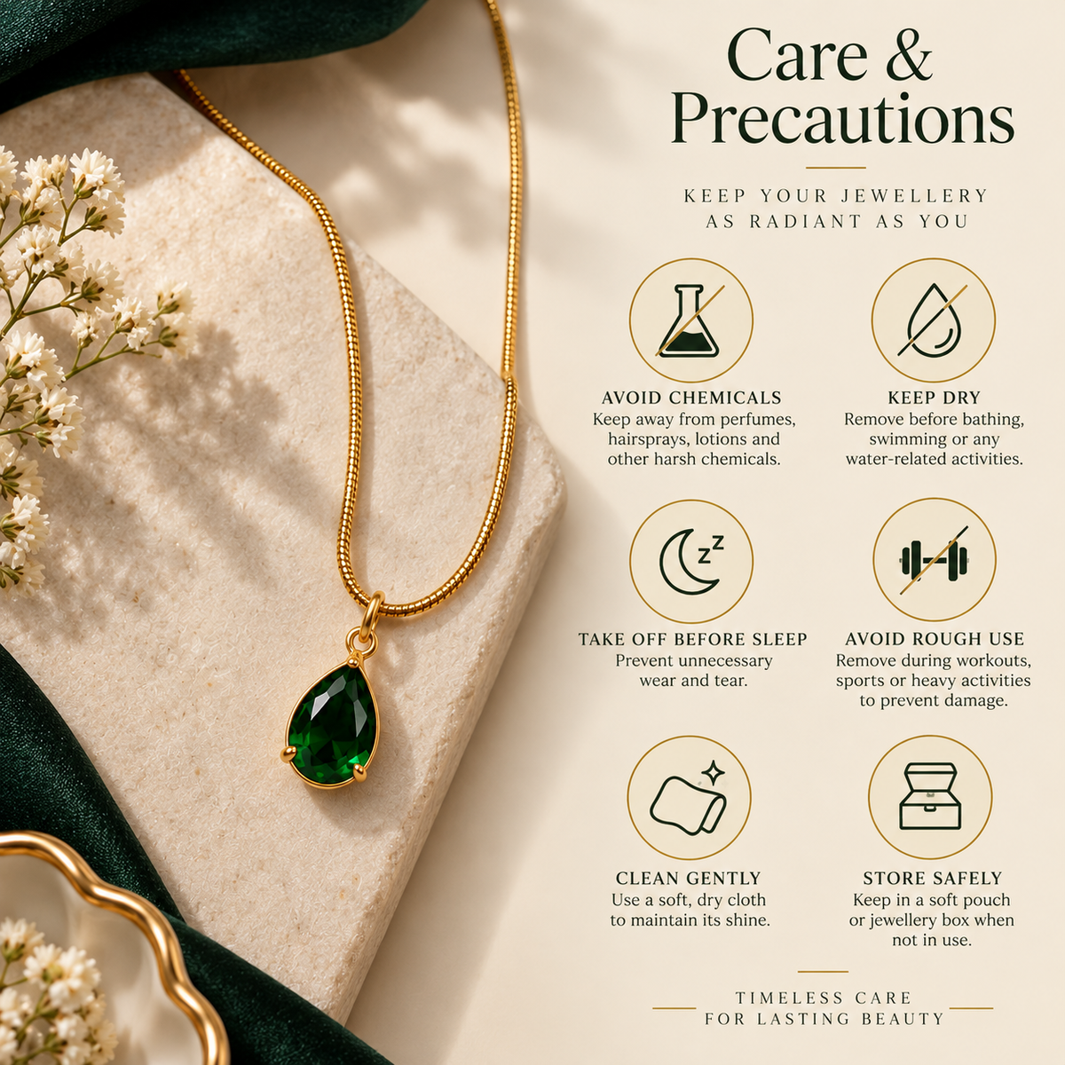 Emerald Green Teardrop Pendant Gold-Tone Necklace