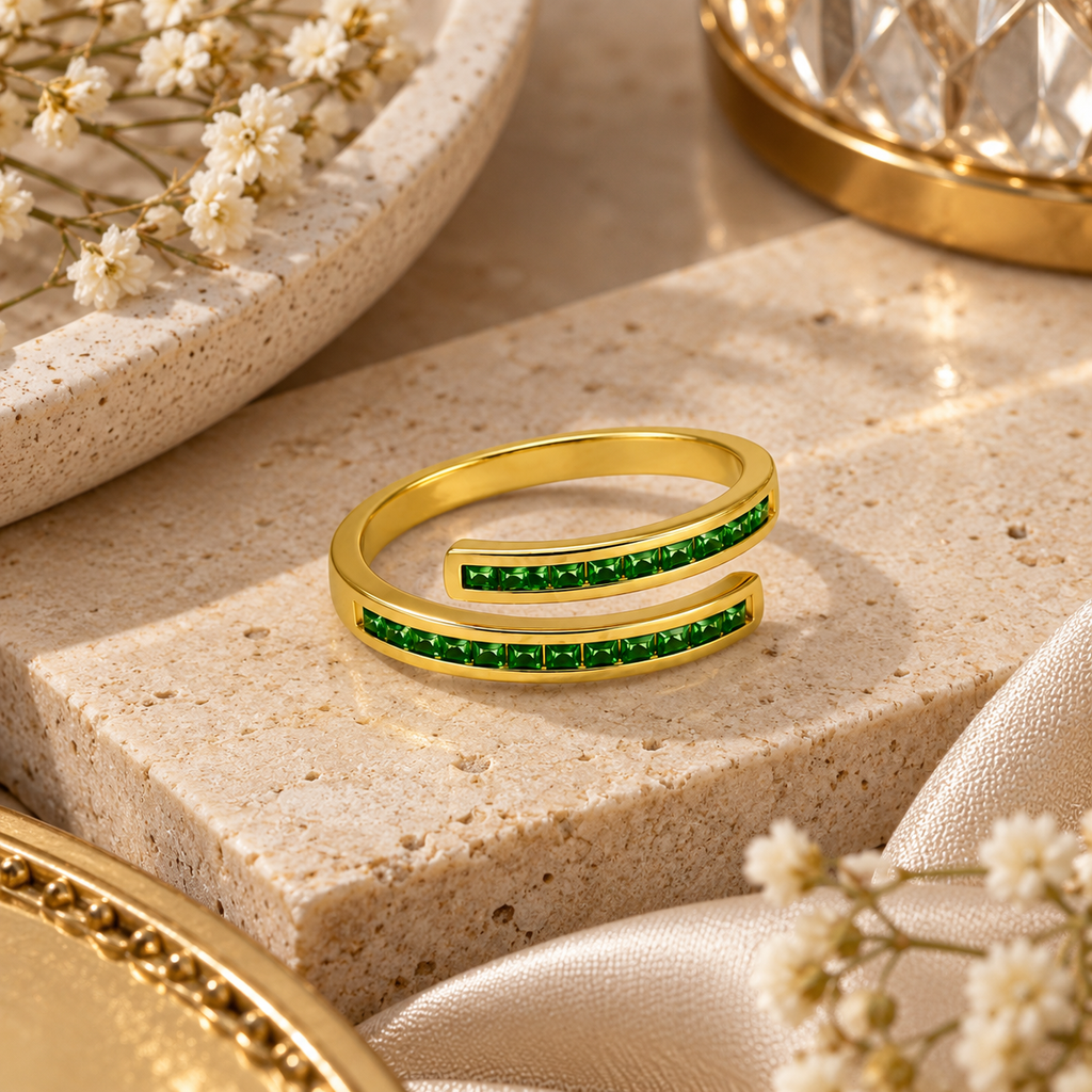 Gold-Plated Open Ring with Green Cubic Zirconia Stones
