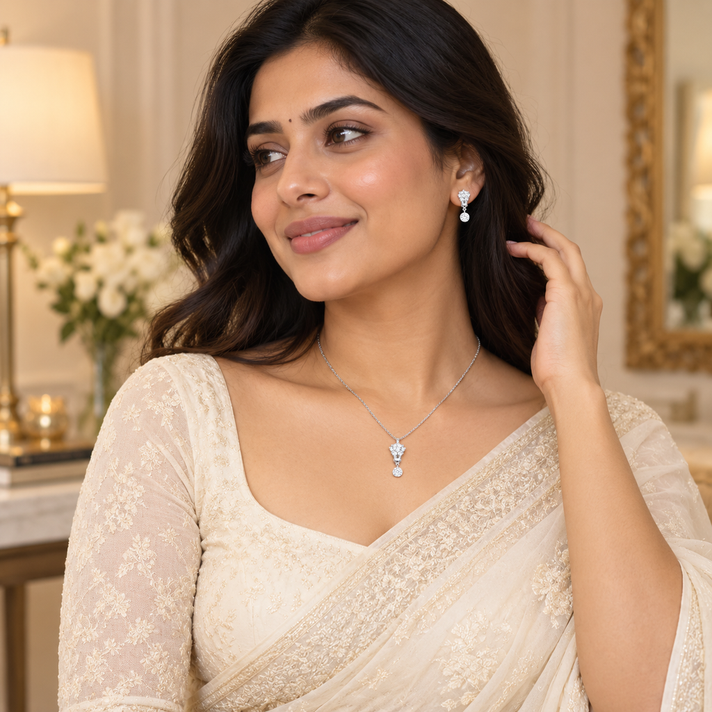 Silver Crystal Drop Necklace Set for women