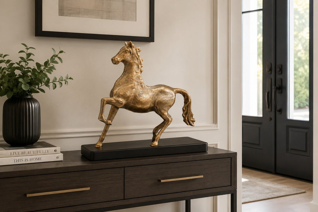 Akriti brass running horse showpiece with a gold and copper antique finish - ANS Billons