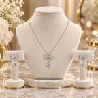 Silver Bow Pendant Necklace Set for women