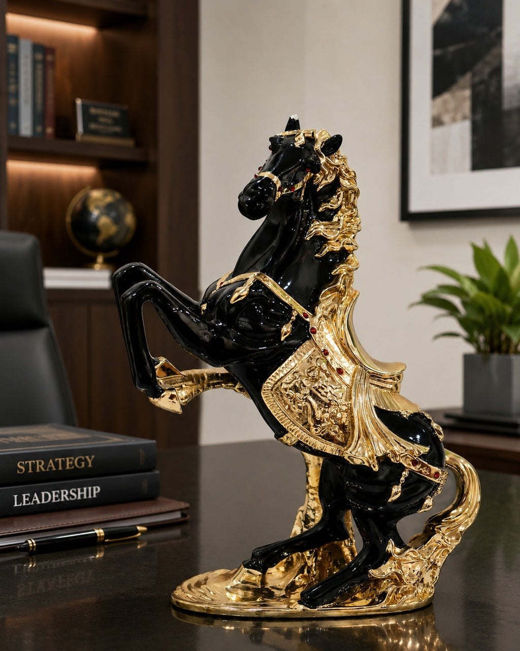 Black and Gold polyresin rearing horse showpiece with a premium finish and sturdy base. - ANS Billons
