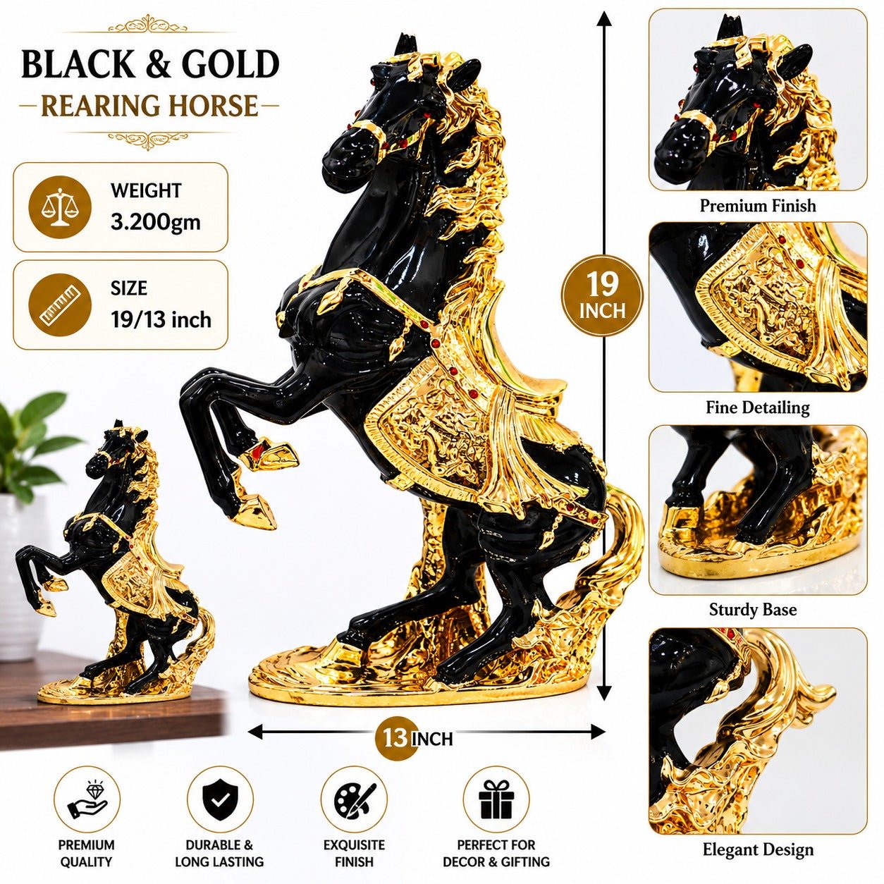 Black and Gold polyresin rearing horse showpiece with a premium finish and sturdy base. - ANS Billons