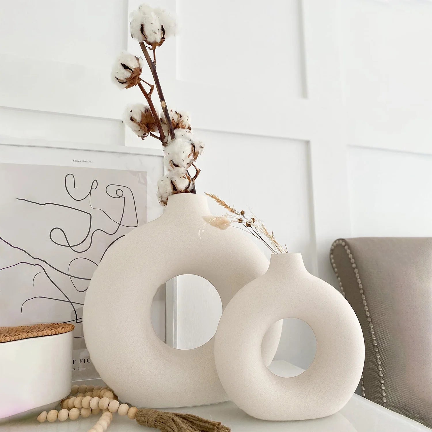 Ceramic Vases for Home Decor, Set of 2 Donut Vases, Modern Vase, White Vases, Farmhouse Vase, Decorative Vase, Round Boho Vase for Bookshelf, Mantel, Table, Fireplace Decor - VNS Laxury