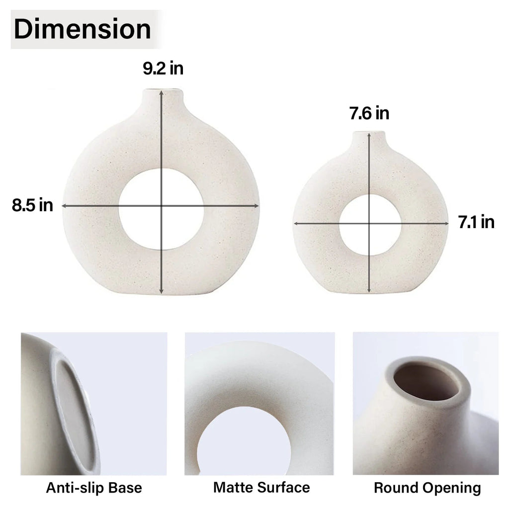 Ceramic Vases for Home Decor, Set of 2 Donut Vases, Modern Vase, White Vases, Farmhouse Vase, Decorative Vase, Round Boho Vase for Bookshelf, Mantel, Table, Fireplace Decor - VNS Laxury