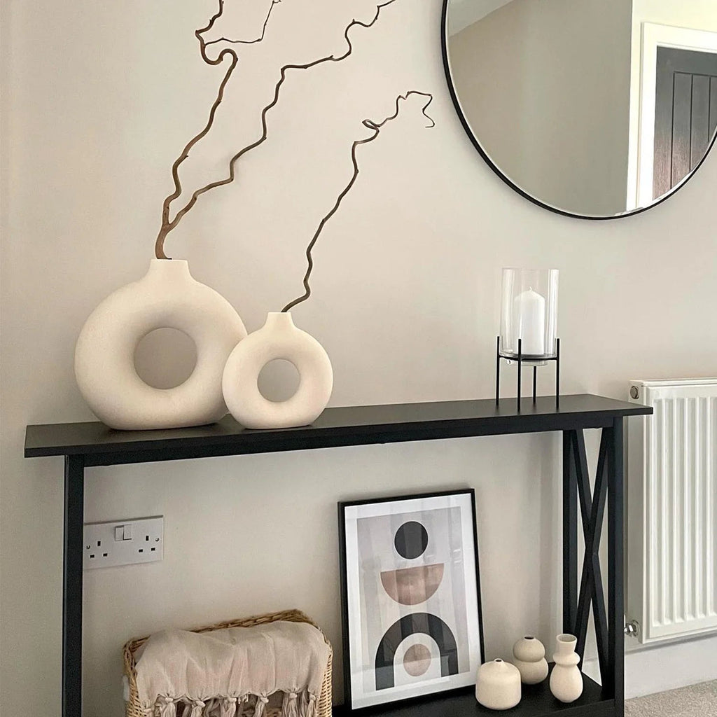 Ceramic Vases for Home Decor, Set of 2 Donut Vases, Modern Vase, White Vases, Farmhouse Vase, Decorative Vase, Round Boho Vase for Bookshelf, Mantel, Table, Fireplace Decor - VNS Laxury