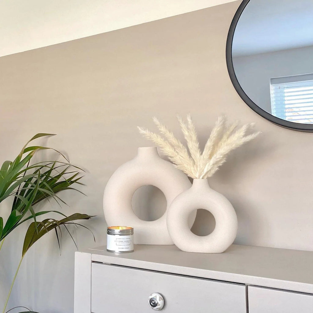 Ceramic Vases for Home Decor, Set of 2 Donut Vases, Modern Vase, White Vases, Farmhouse Vase, Decorative Vase, Round Boho Vase for Bookshelf, Mantel, Table, Fireplace Decor - VNS Laxury