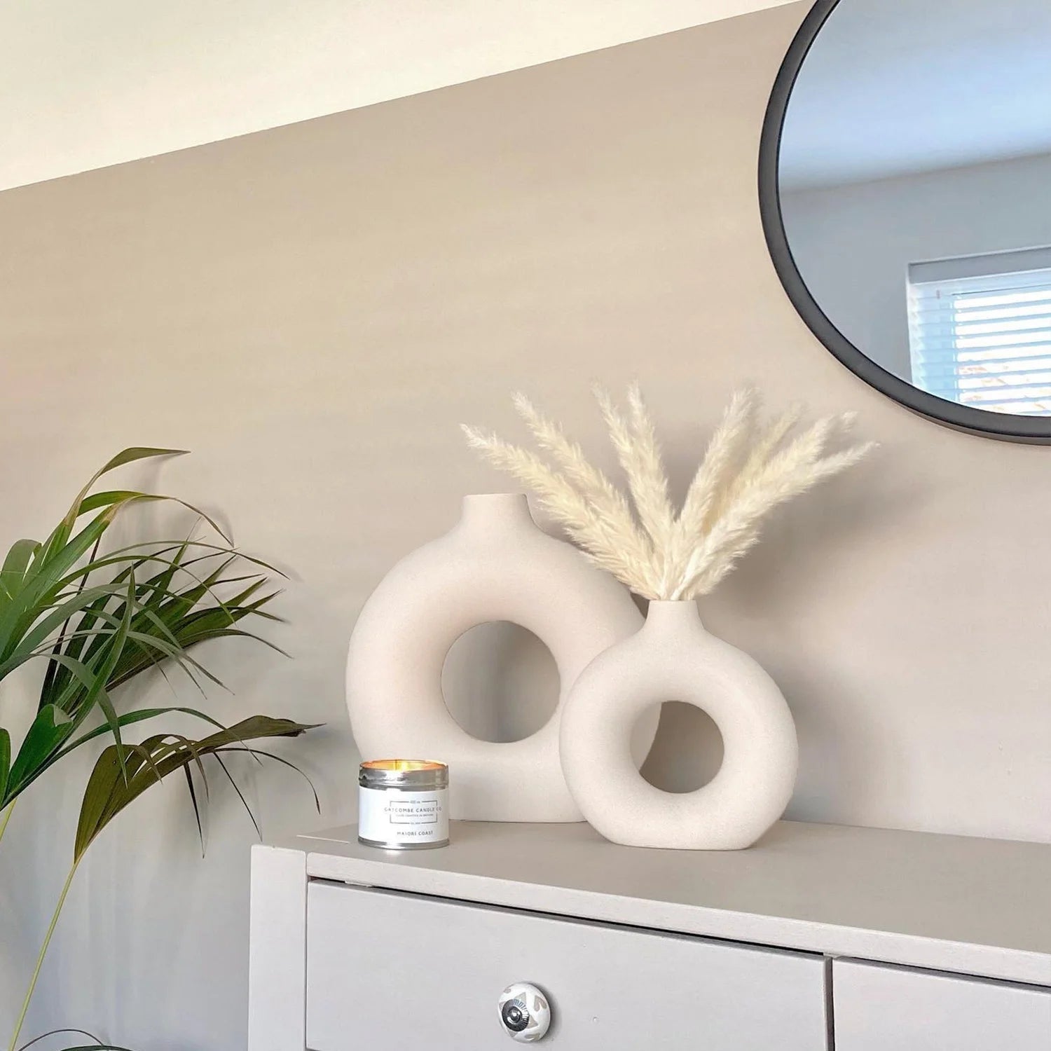 Ceramic Vases for Home Decor, Set of 2 Donut Vases, Modern Vase, White Vases, Farmhouse Vase, Decorative Vase, Round Boho Vase for Bookshelf, Mantel, Table, Fireplace Decor - VNS Laxury