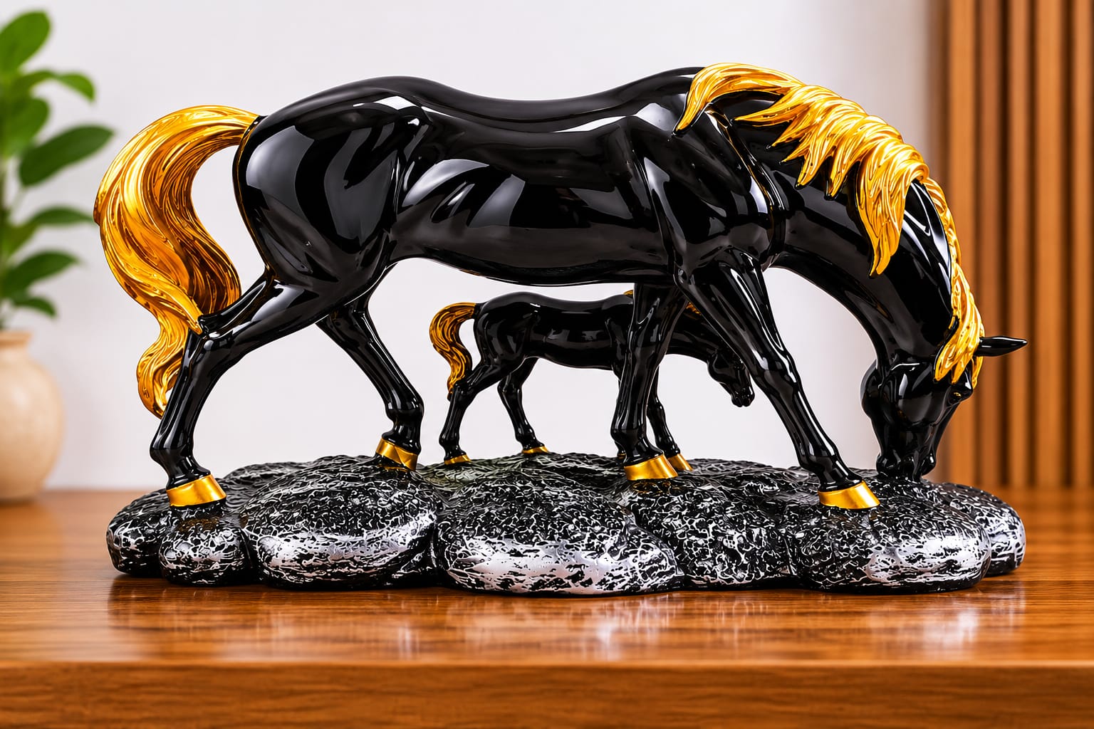 CHIBRO premium resin horse showpiece features a glossy black and gold finish. - ANS Billons