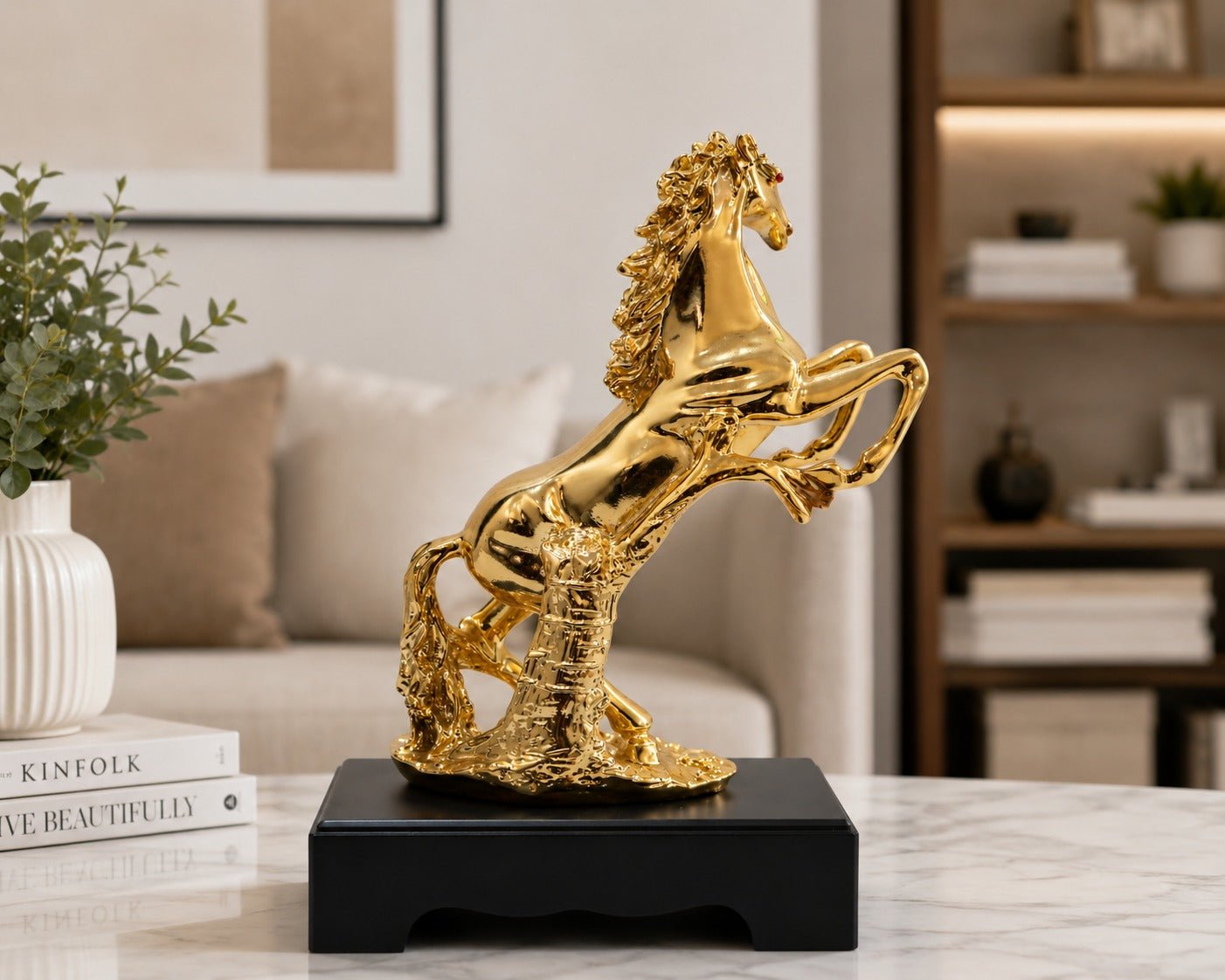Club Bollywood gold - colored polyresin standing horse statue. - ANS Billons