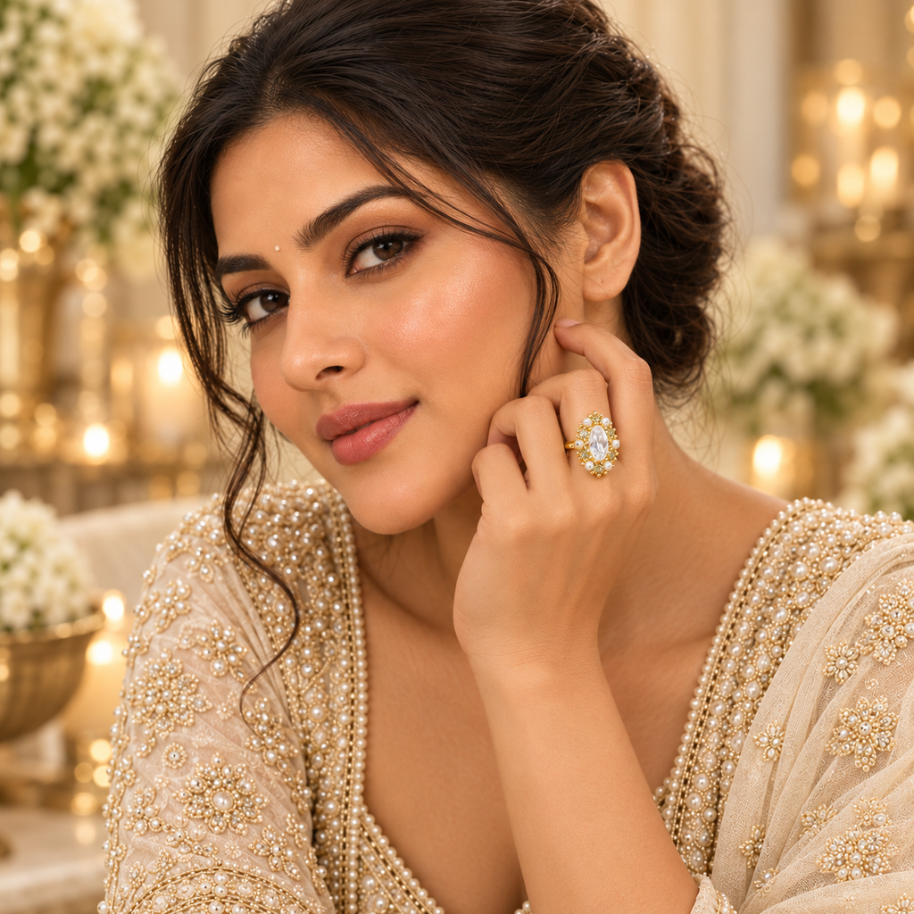 Gold-Plated Adjustable Cocktail Ring with Teardrop Crystal, Pearls & Stone Embellishments for Women