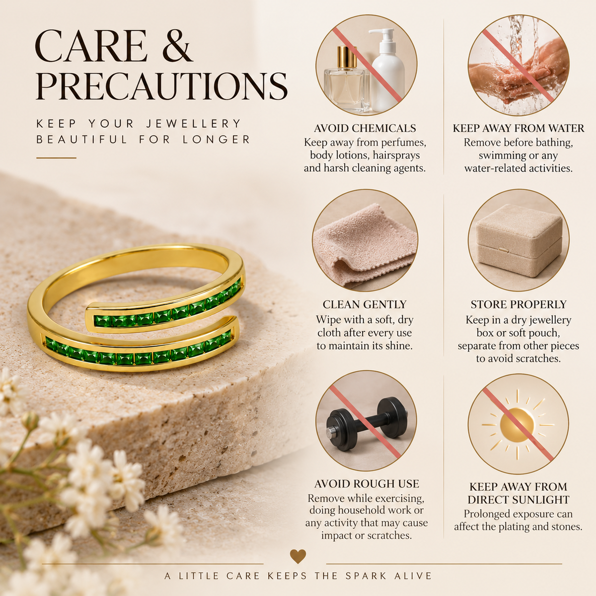 Gold-Plated Open Ring with Green Cubic Zirconia Stones