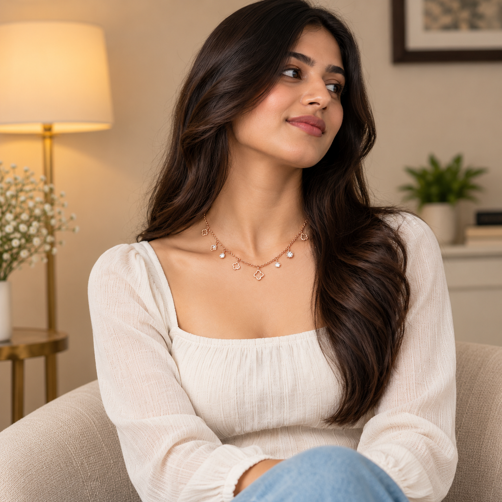Clover Sparkle Rose Gold Charm Necklace for women