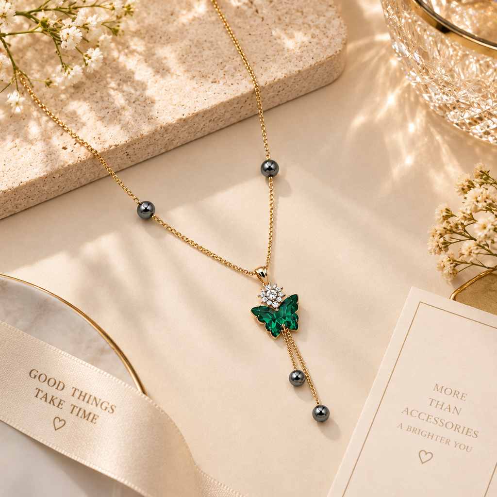 Emerald Butterfly Drop Gold Necklace for women