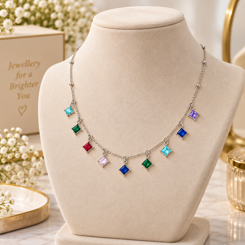 Rainbow Square Charm Silver Necklace for women