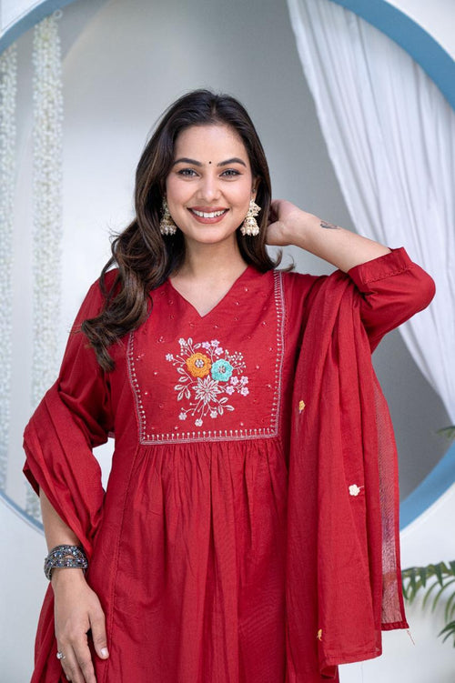 Elegant crimson embroidered anarkali kurta set with dupatta - VNS Laxury