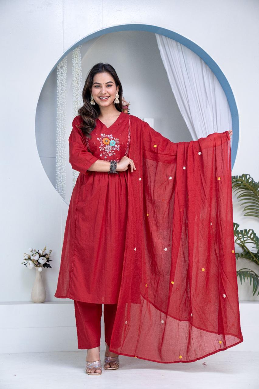 Elegant crimson embroidered anarkali kurta set with dupatta - VNS Laxury