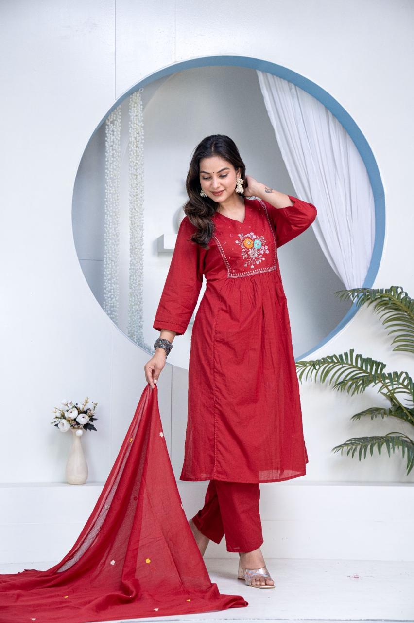 Elegant crimson embroidered anarkali kurta set with dupatta - VNS Laxury