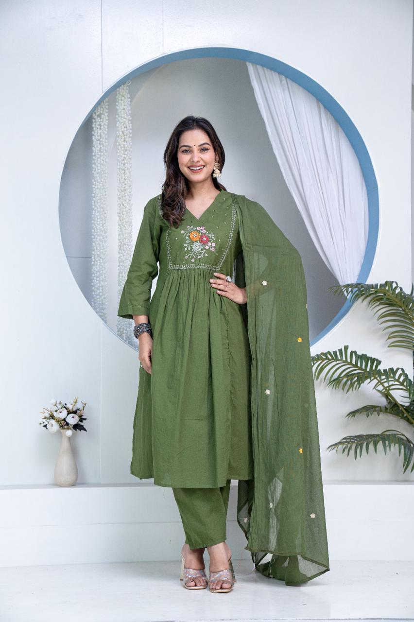 Elegant Olive Green Embroidered Kurta Set for Women - VNS Laxury