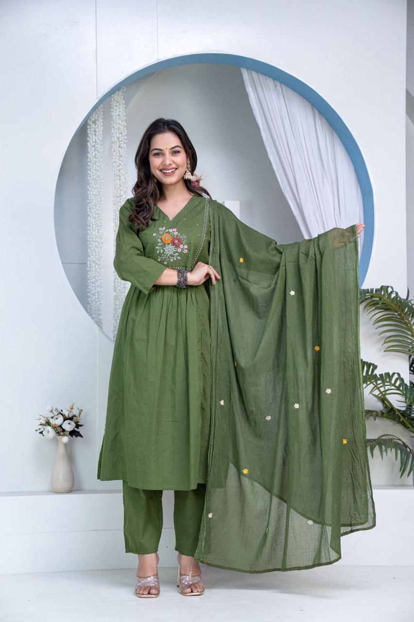 Elegant Olive Green Embroidered Kurta Set for Women - VNS Laxury