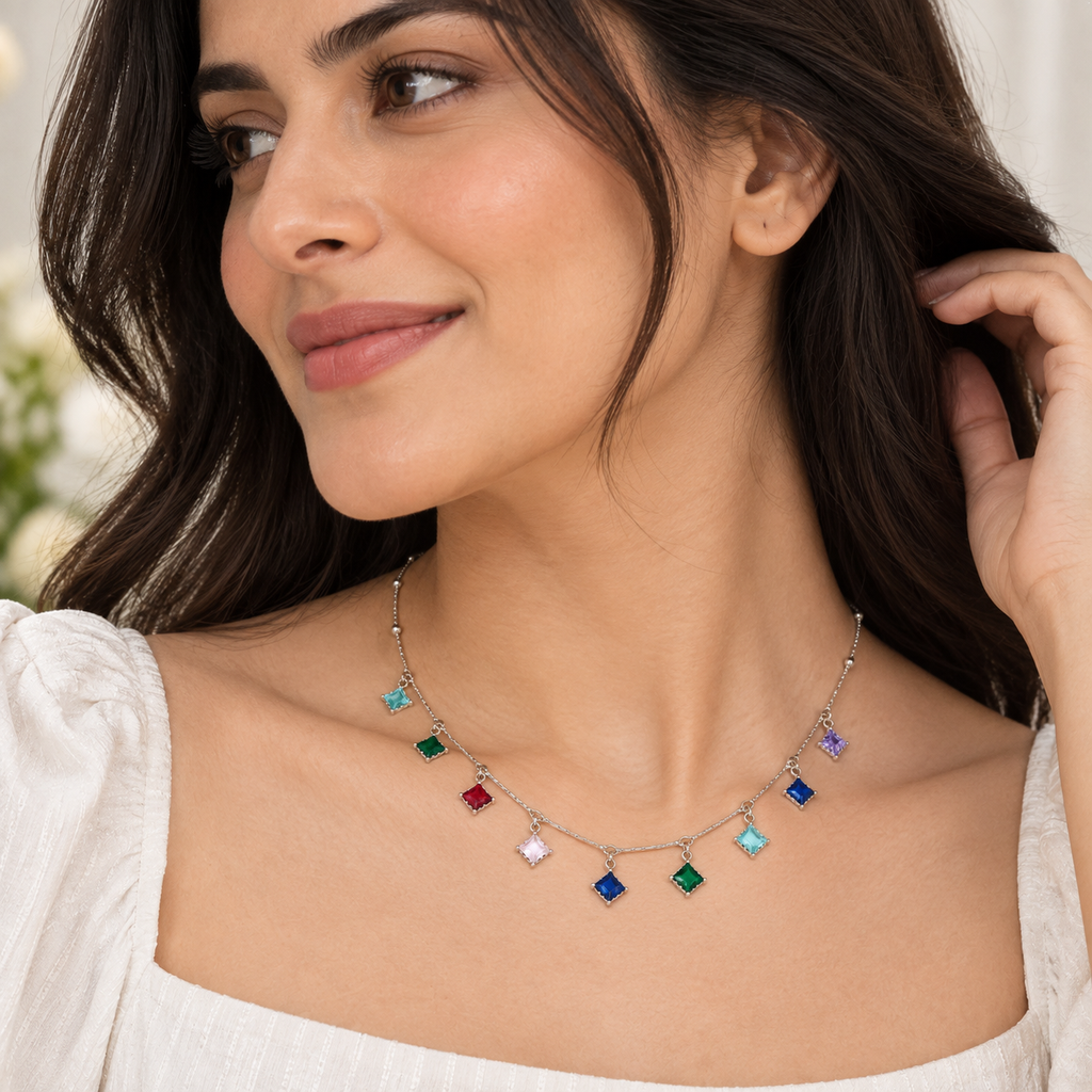 Rainbow Square Charm Silver Necklace for women