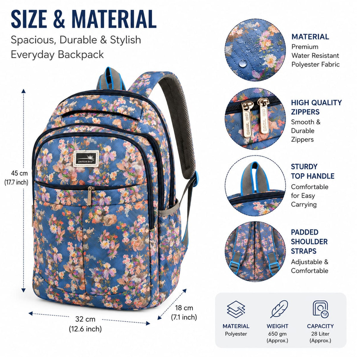 Floral Printed School Backpack for Girls & Women | Lightweight Water Resistant Laptop/College Bag | Multi Pocket Casual Travel Backpack | Blue Brand - ANS Billion