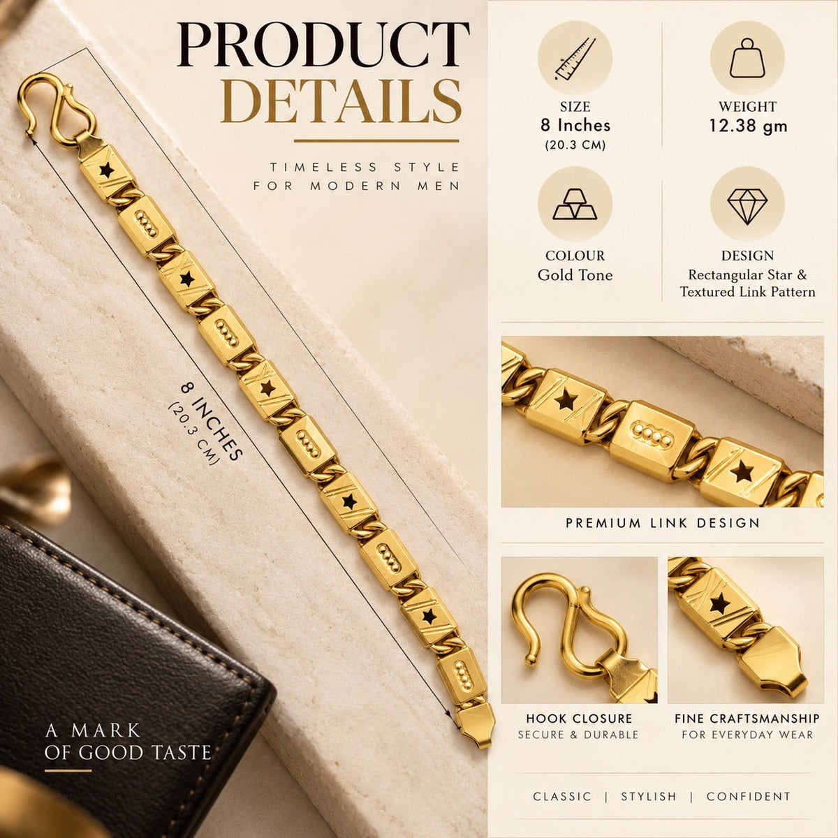 Gold-Tone Star Link Bracelet for Men - ANS Billion