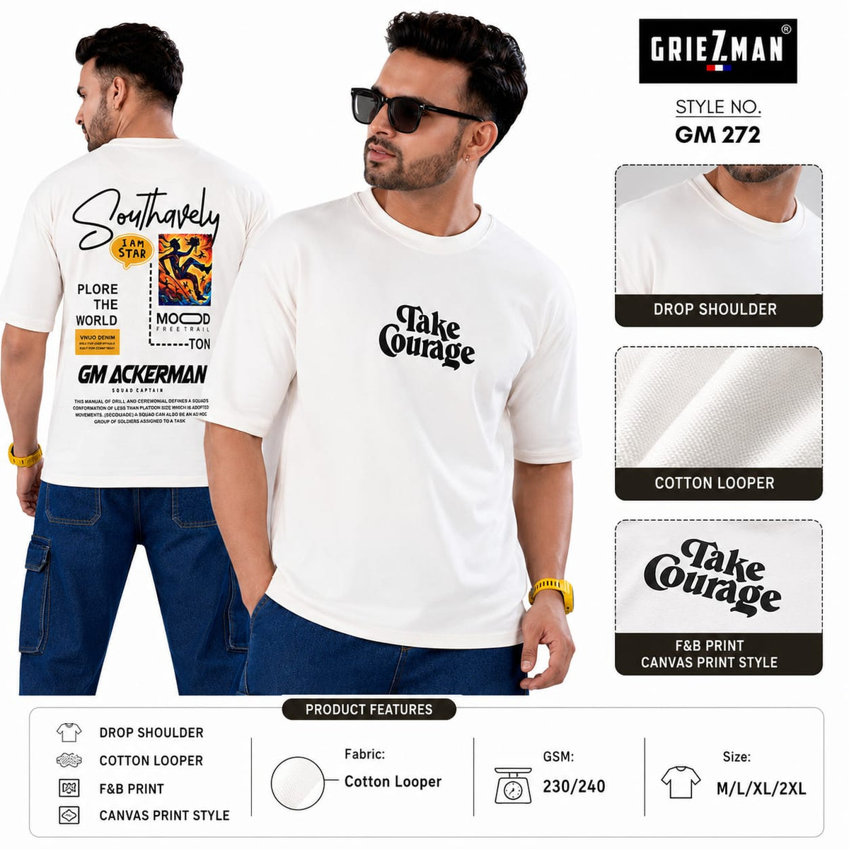 Griezman Men's Oversized Drop Shoulder T-Shirt | Cotton Looper | F&B Canvas Print | Half Sleeve Round Neck Casual Graphic Tee - ANS Billion