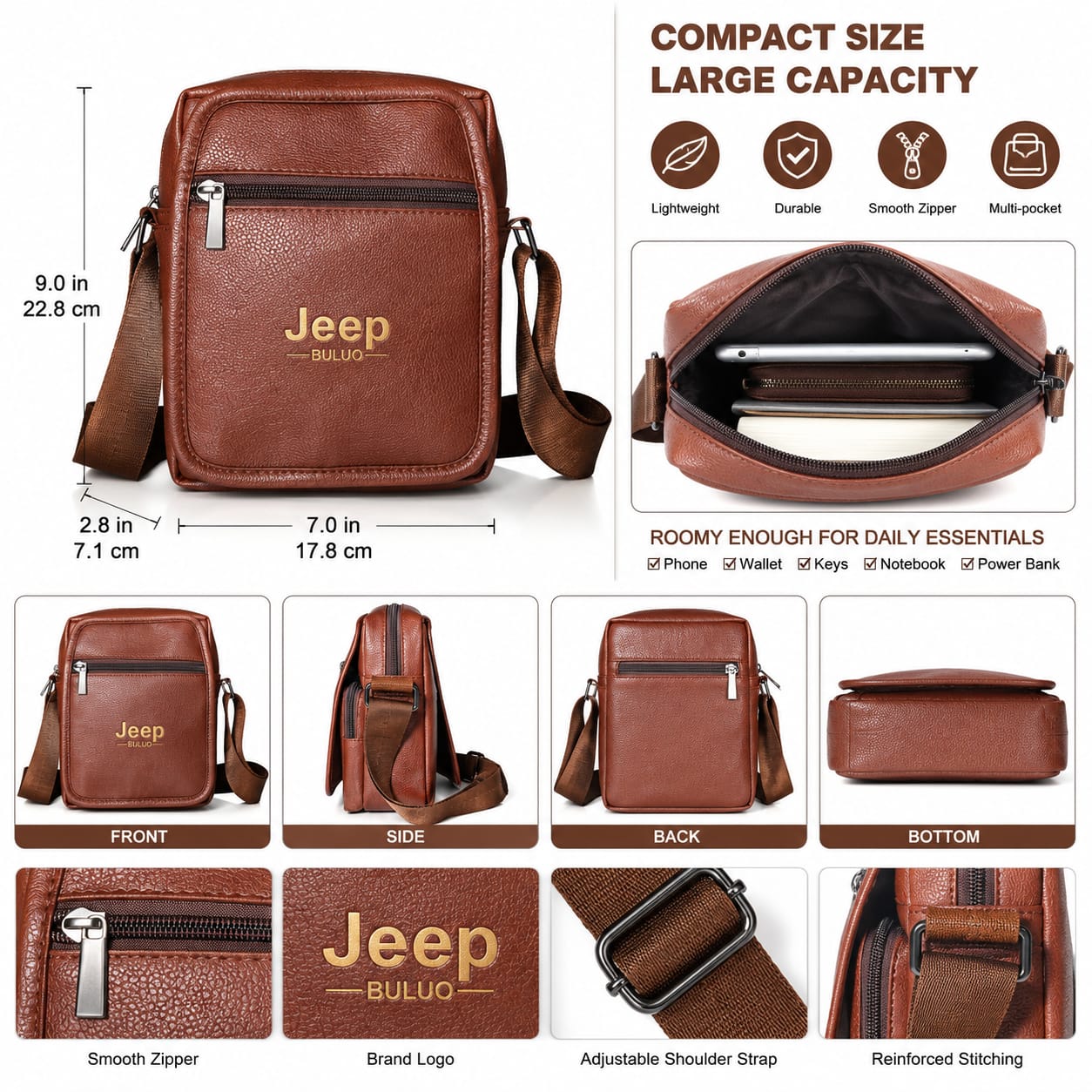 Jeep BULUO Men's Crossbody Sling Bag, Brown - ANS Laxury
