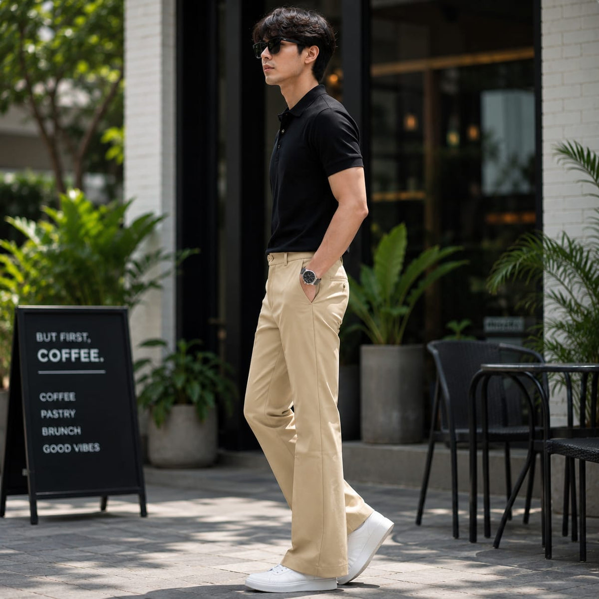 Korean Style Men's Slight Flare Trousers in Beige - ANS Billion