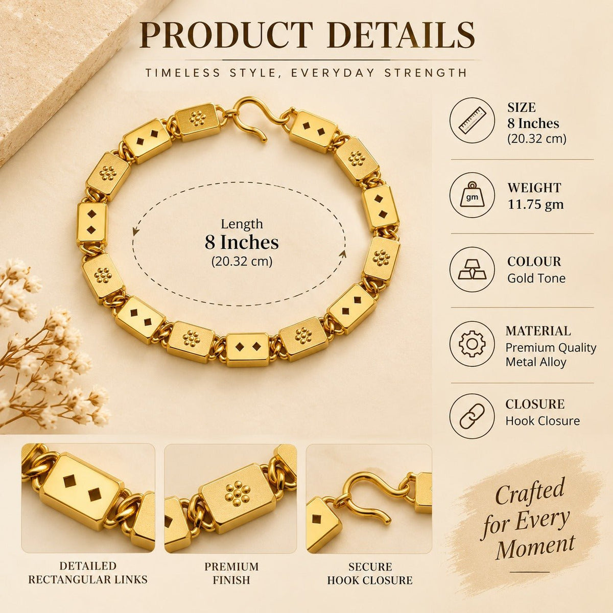 Men’s Gold-Tone Floral Geometric Link Bracelet - ANS Billion