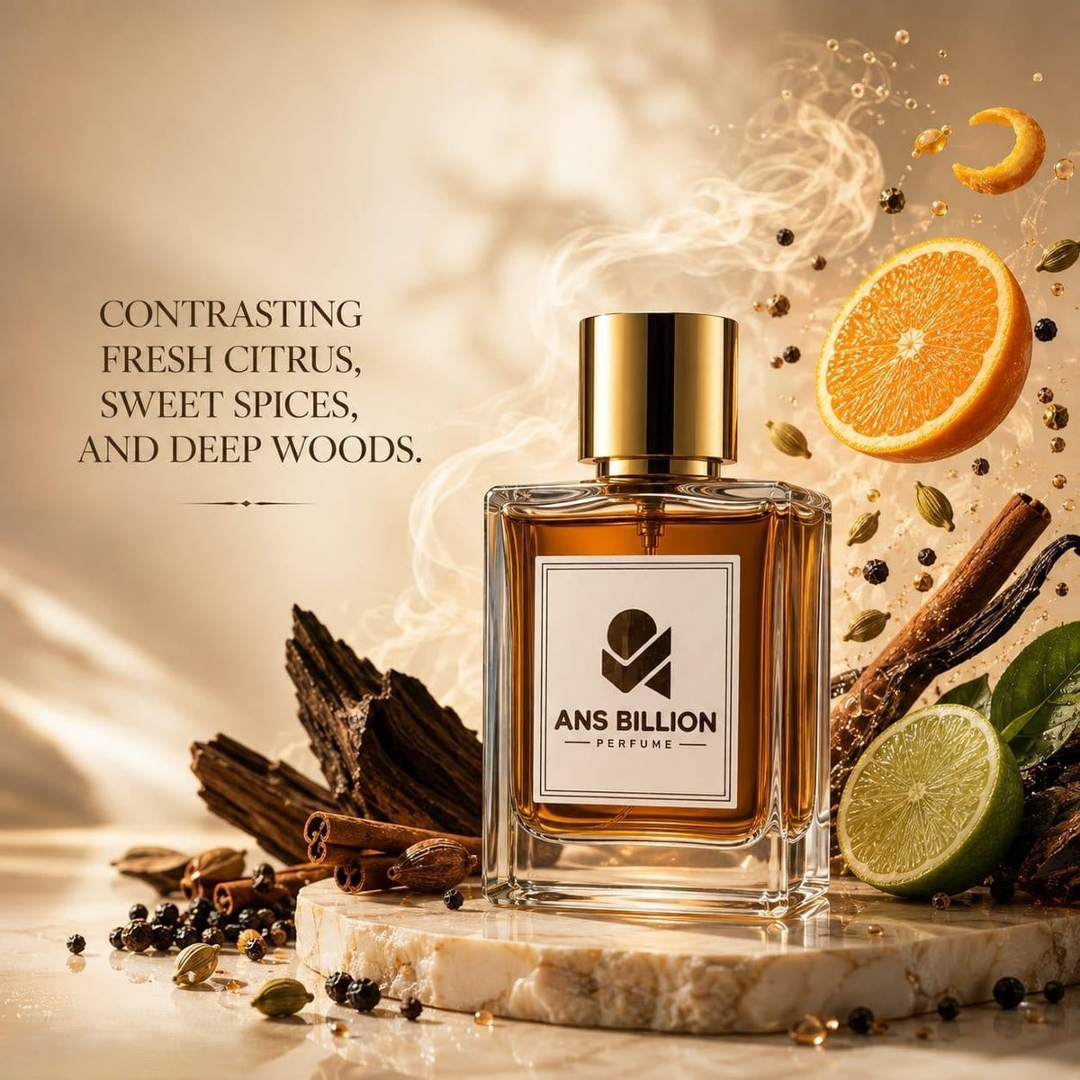 Men’s perfume contrasting fresh citrus, sweet spices, and deep woods. - ANS Billion