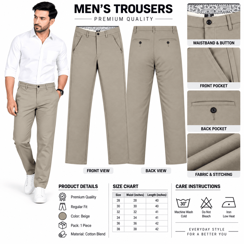 Men’s Slim-Fit Beige Formal Trousers - ANS Billion