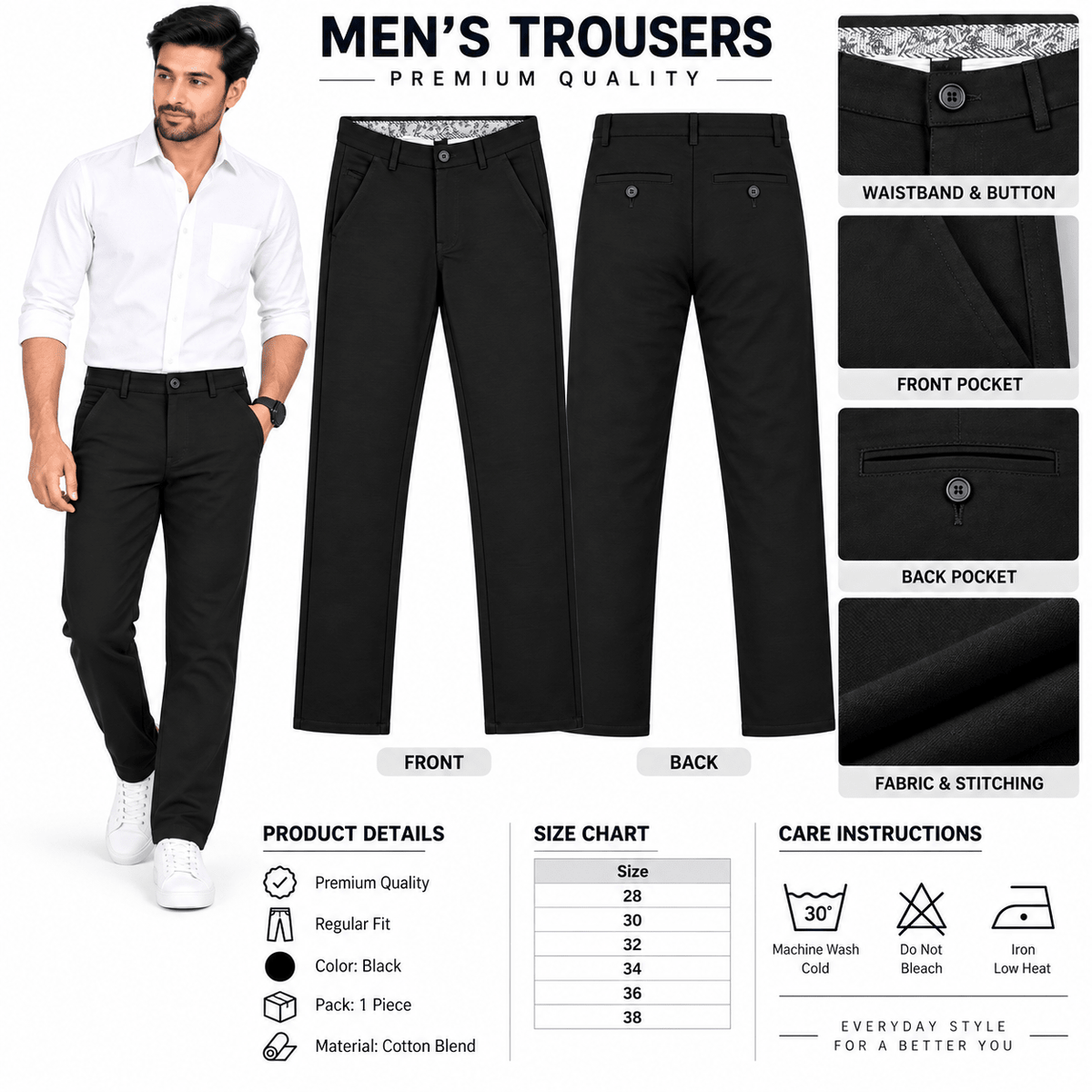 Men’s Slim-Fit Black Formal Trousers – Front & Back - ANS Billion