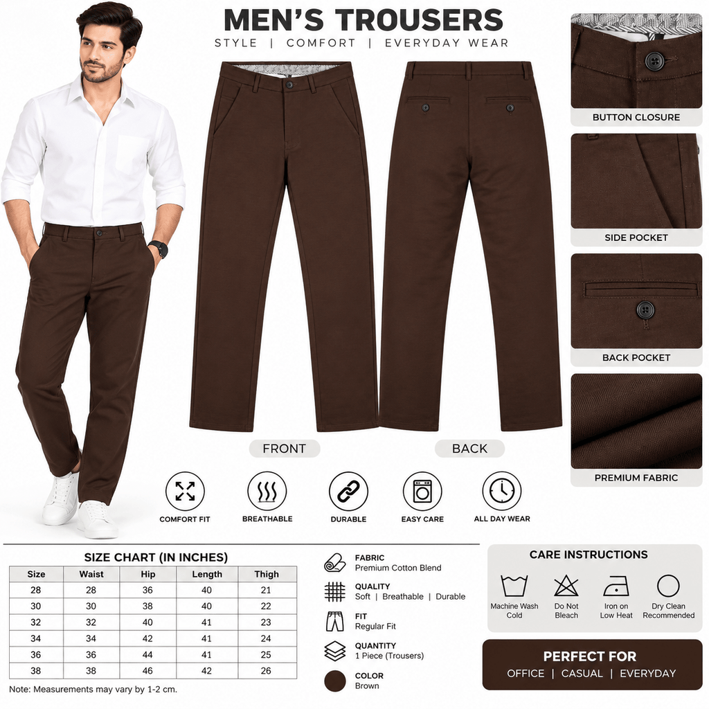 Men’s Slim-Fit Dark Brown Formal Trousers - ANS Billion