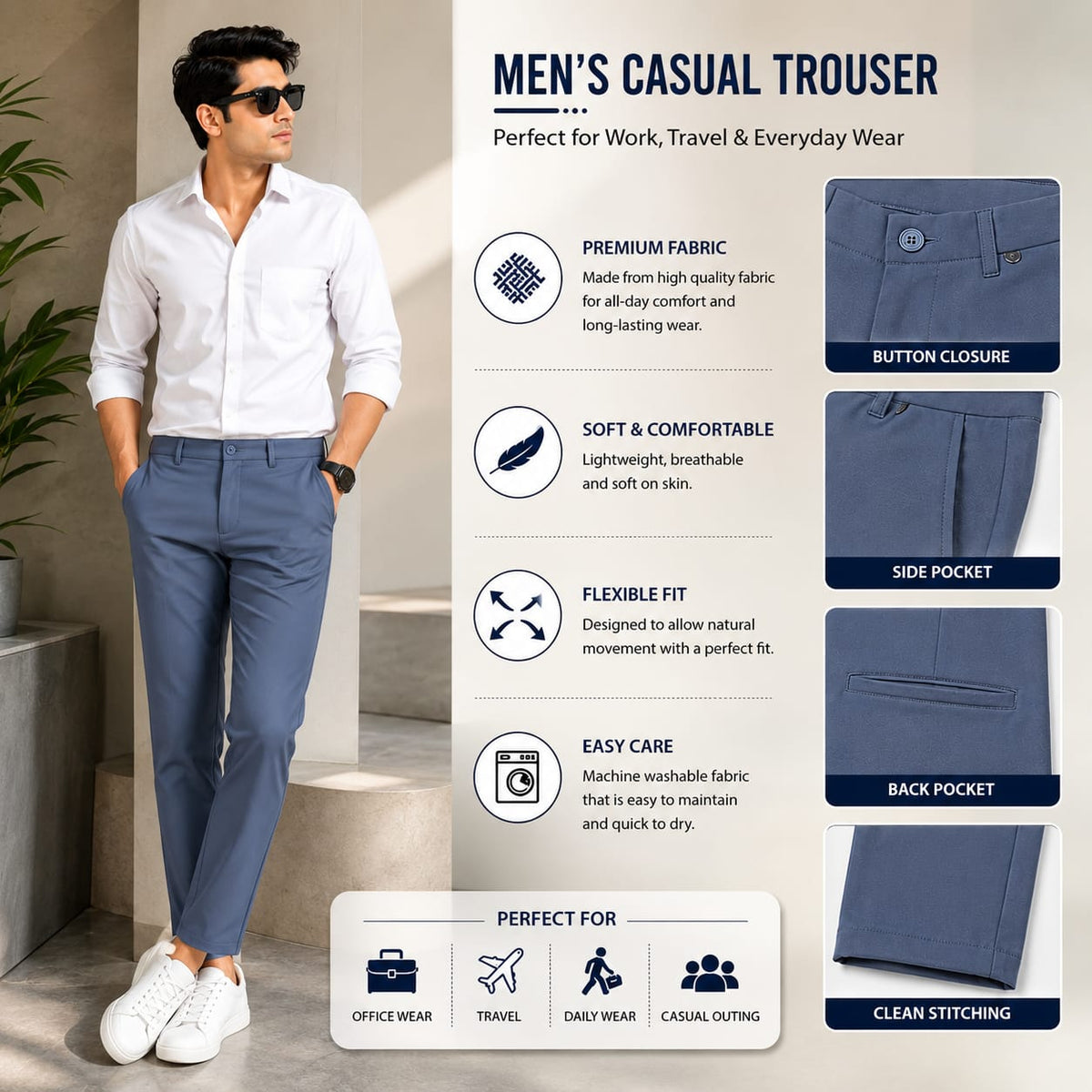 Men’s Slim-Fit Formal Trousers – Slate Blue - ANS Billion