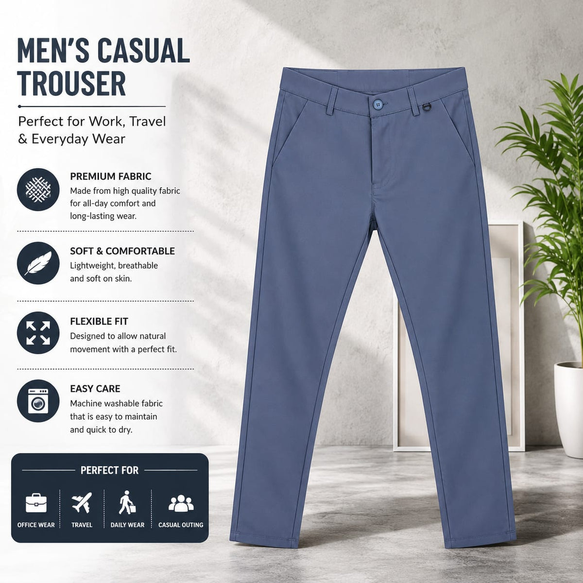 Men’s Slim-Fit Formal Trousers – Slate Blue - ANS Billion