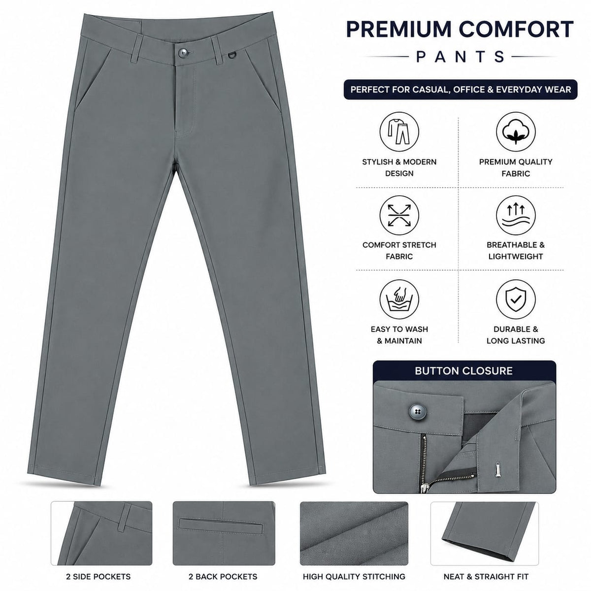 Men’s Slim-Fit Grey Formal Trousers - ANS Billion