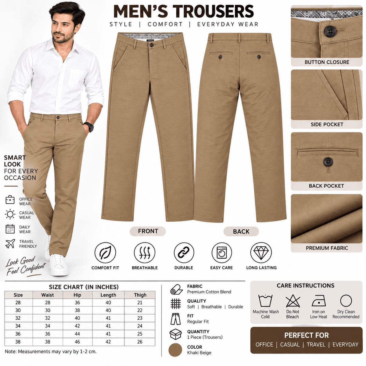 Men’s Slim-Fit Khaki Formal Trousers - ANS Billion